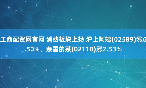 工商配资网官网 消费板块上扬 沪上阿姨(02589)涨6.50%、奈雪的茶(02110)涨2.53%